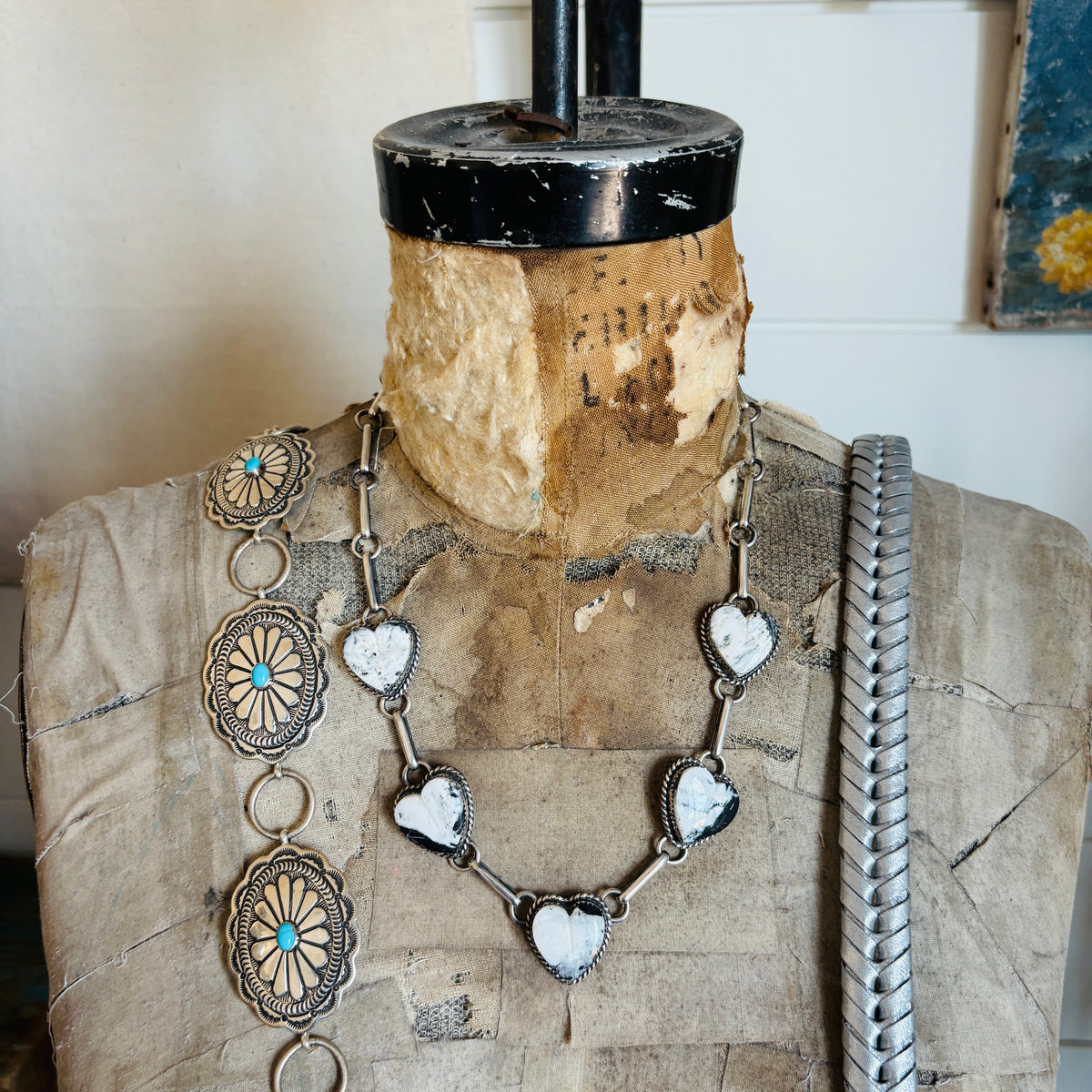 Navajo Lawrence Archuleta Sterling Silver & White Buffalo Hearts Necklace