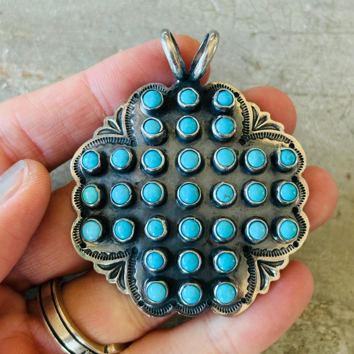 Navajo Sunshine Reeves Sterling Silver & Kingman Turquoise Cluster Cross Pendant