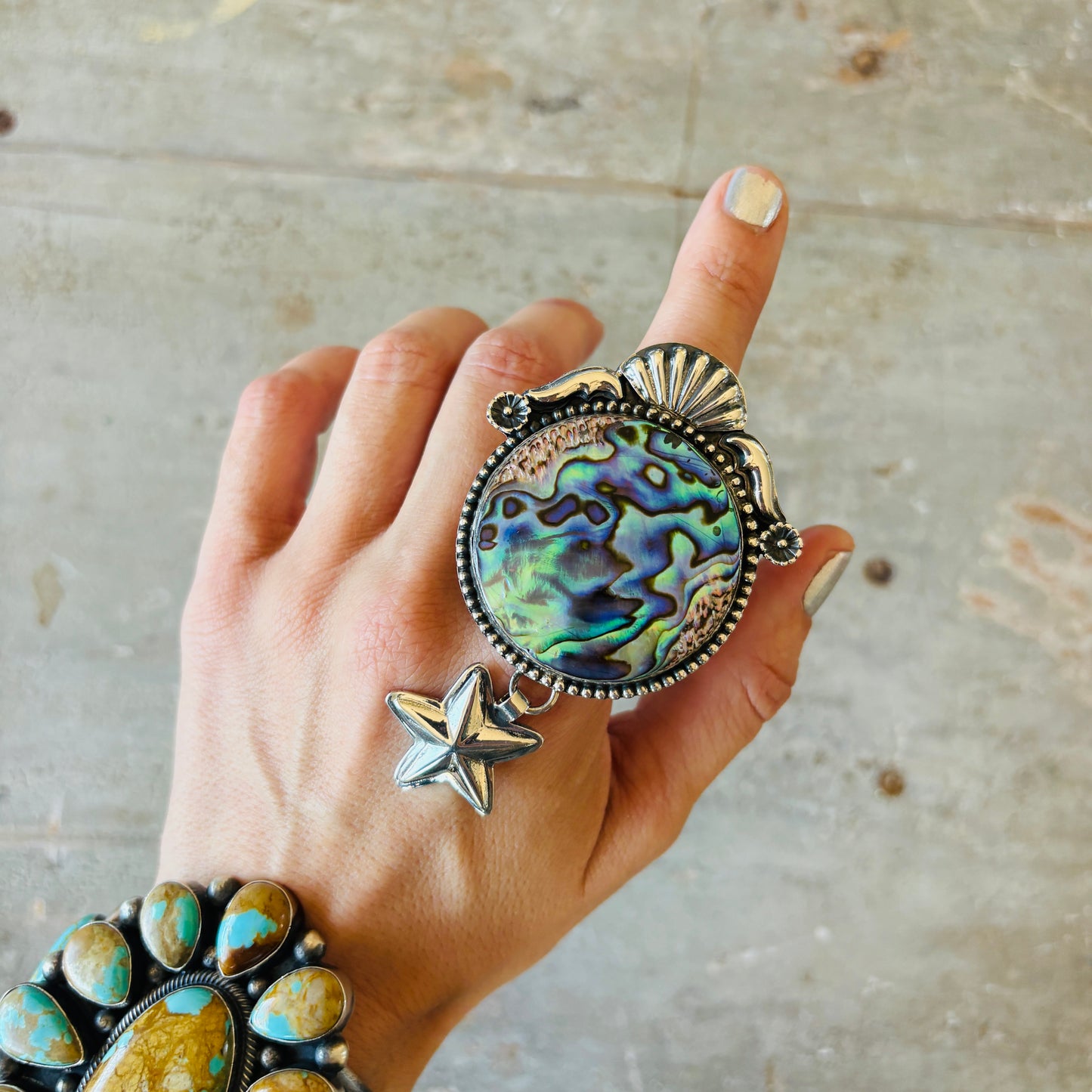 Navajo Hemerson Brown Sterling Silver & Abalone Shell Star Charm Ring