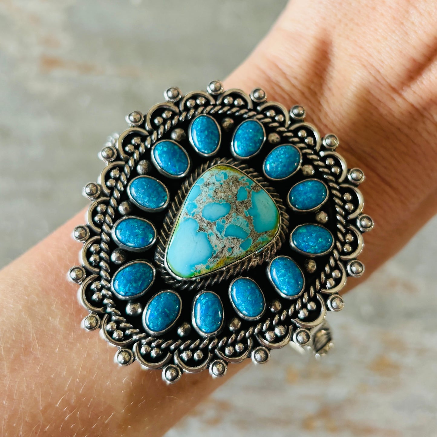 Navajo Hemerson Brown Sterling Silver - Sonoran Turquoise & Blue Lab Opal Cluster Statement Cuff
