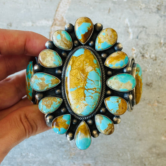 Navajo Hemerson Brown Sterling Silver & Royston Turquoise Cluster Statement Cuff