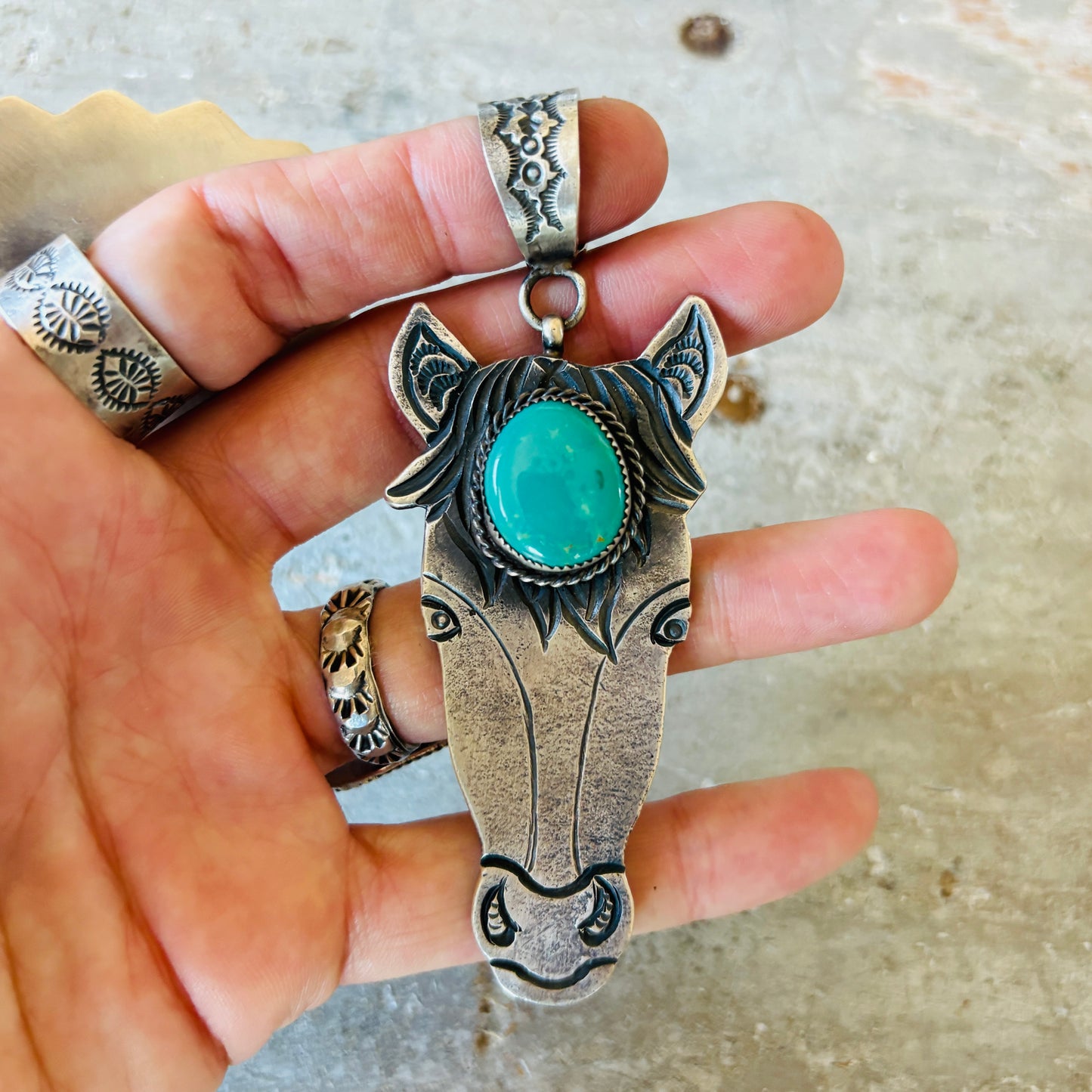 Navajo Kindale Billah Sterling Silver & Kingman Horse Head Pendant