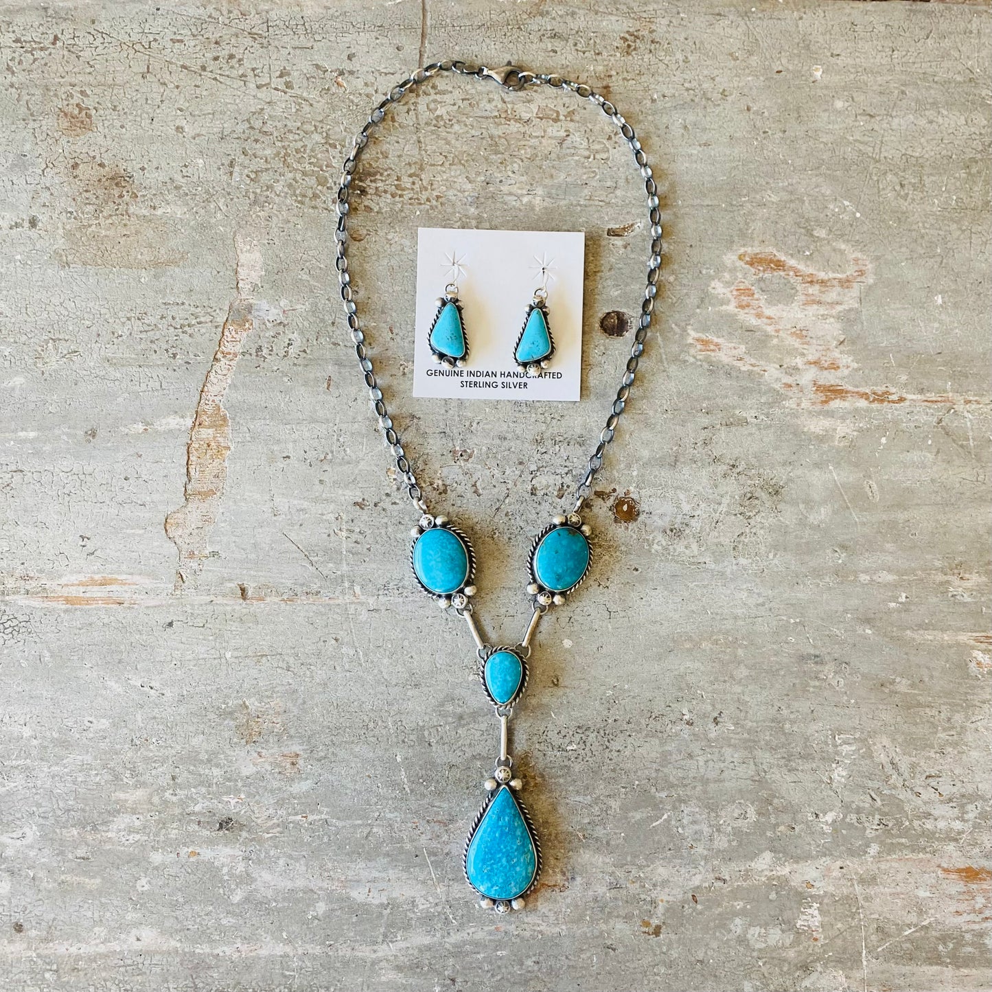 Navajo Augustine Largo Sterling Silver & Kingman Turquoise Lariat Necklace Set