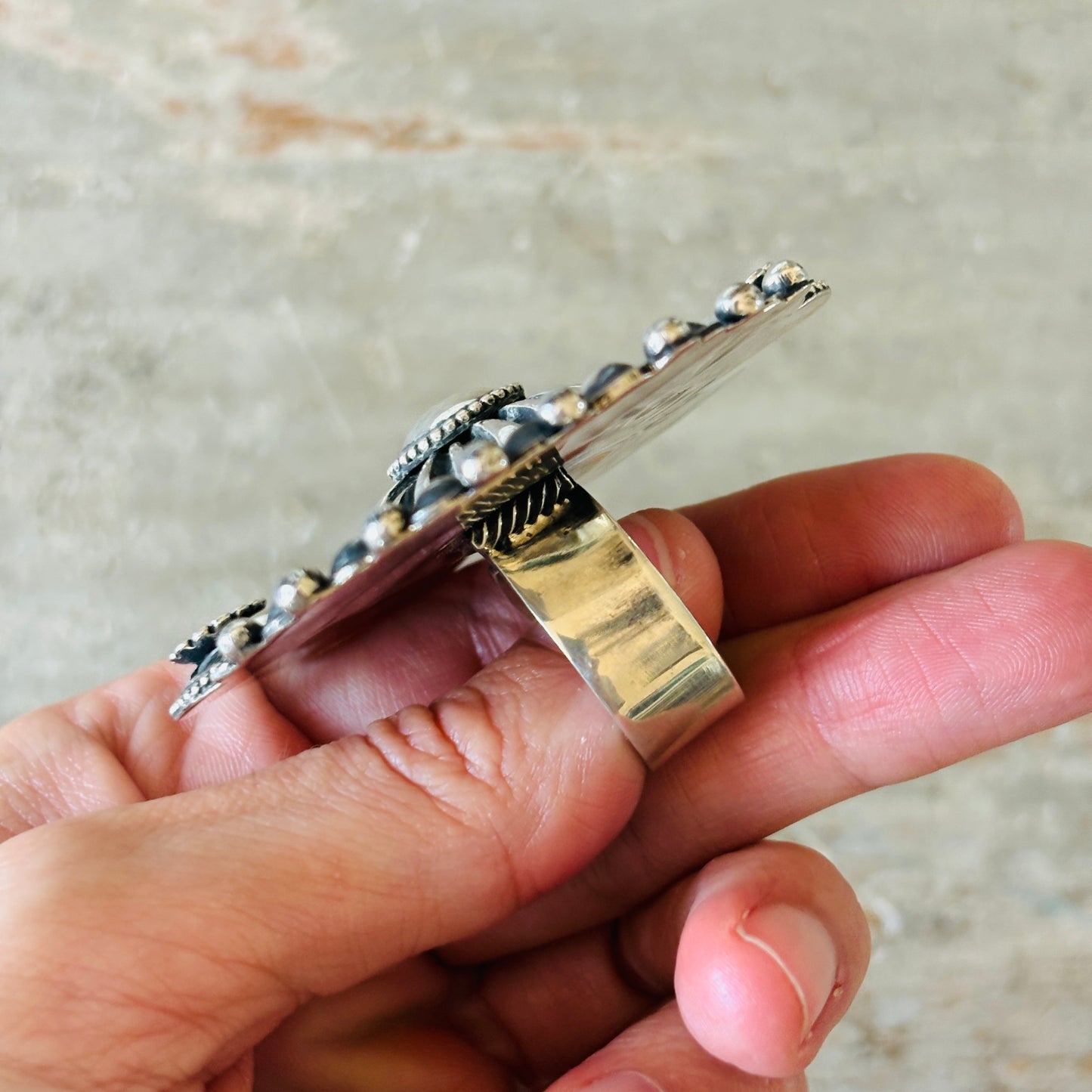 Navajo Hemerson Brown Sterling Silver Concho Statement Ring
