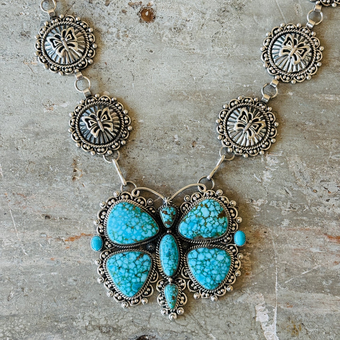 Navajo Hemerson Brown Sterling Silver & Web Kingman Butterfly Concho Statement Necklace Set
