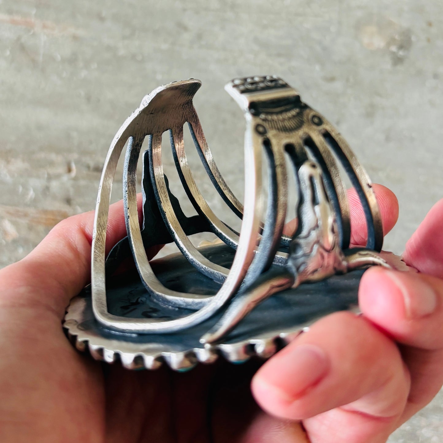 Navajo Kindale Billah Sterling Silver - Ceramic - Moonstone & Kingman Turquoise Cluster Cuff
