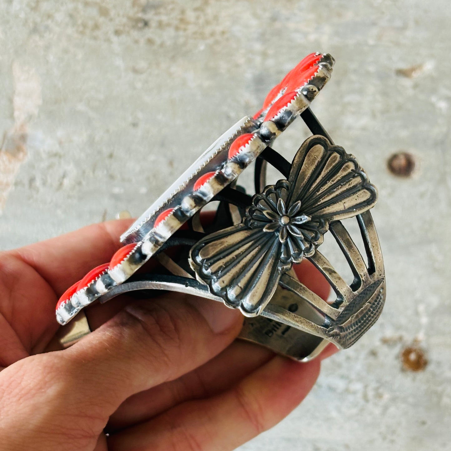Navajo Kindale Billah Sterling Silver - Ceramic & Mediterranean Red Coral Roadrunner Cuff