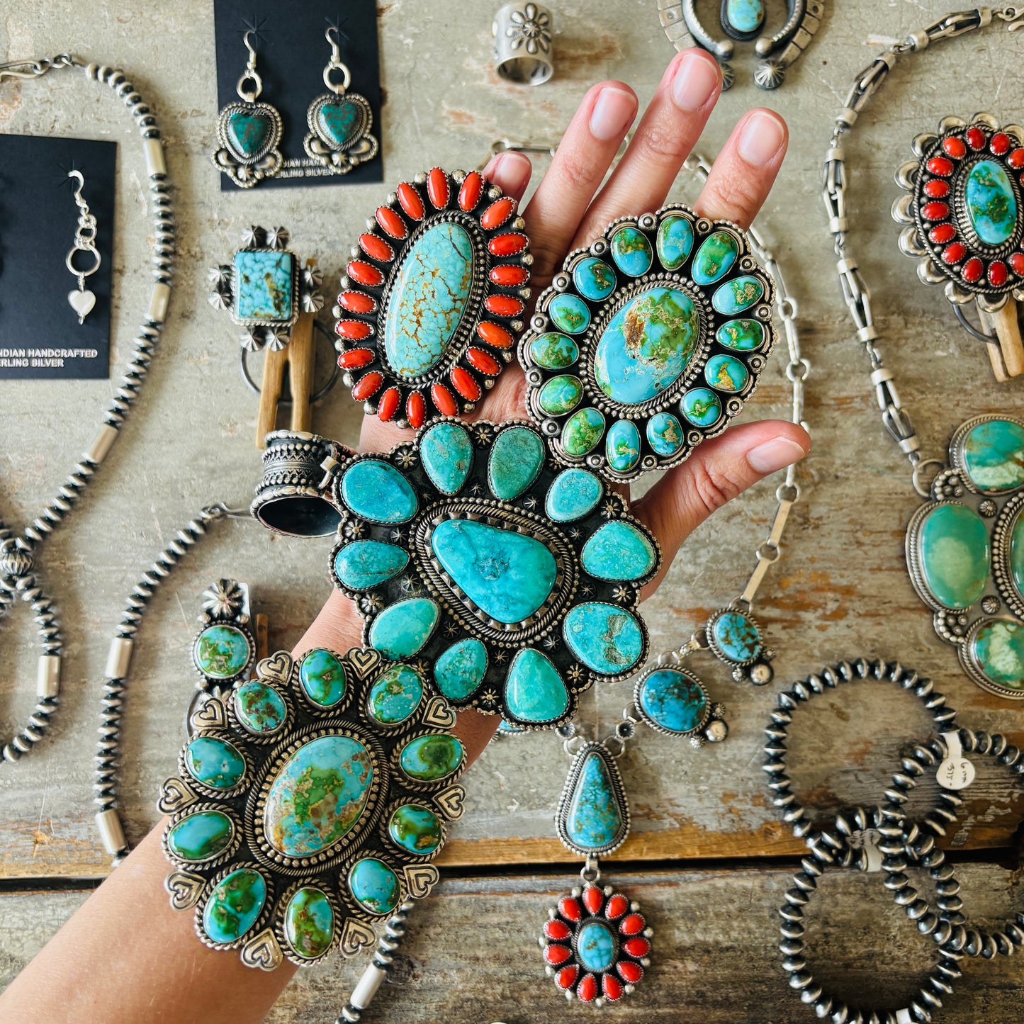 Navajo Hemerson Brown Sterling Silver & Sonoran Turquoise Cluster Statement Ring