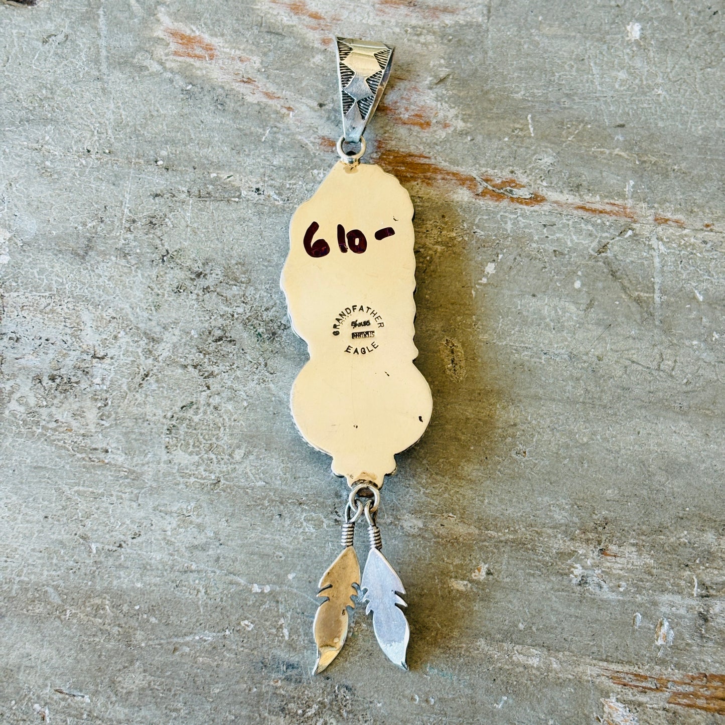 Navajo Edmund Piasso Sterling Silver & Red Spiny Oyster Chief Feathers Pendant