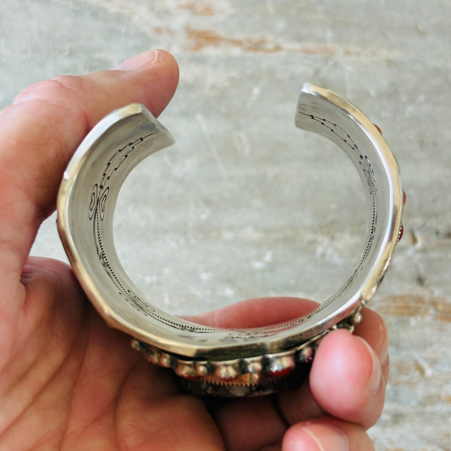 Navajo Glenn Livingston Sterling Silver - Red Coral & Wild Horse Jasper Heart Statement Cuff