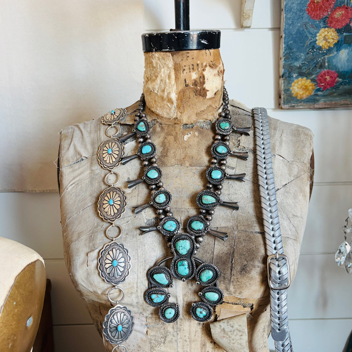 Vintage 1960s Navajo Sterling Silver & Turquoise Squash Blossom Necklace