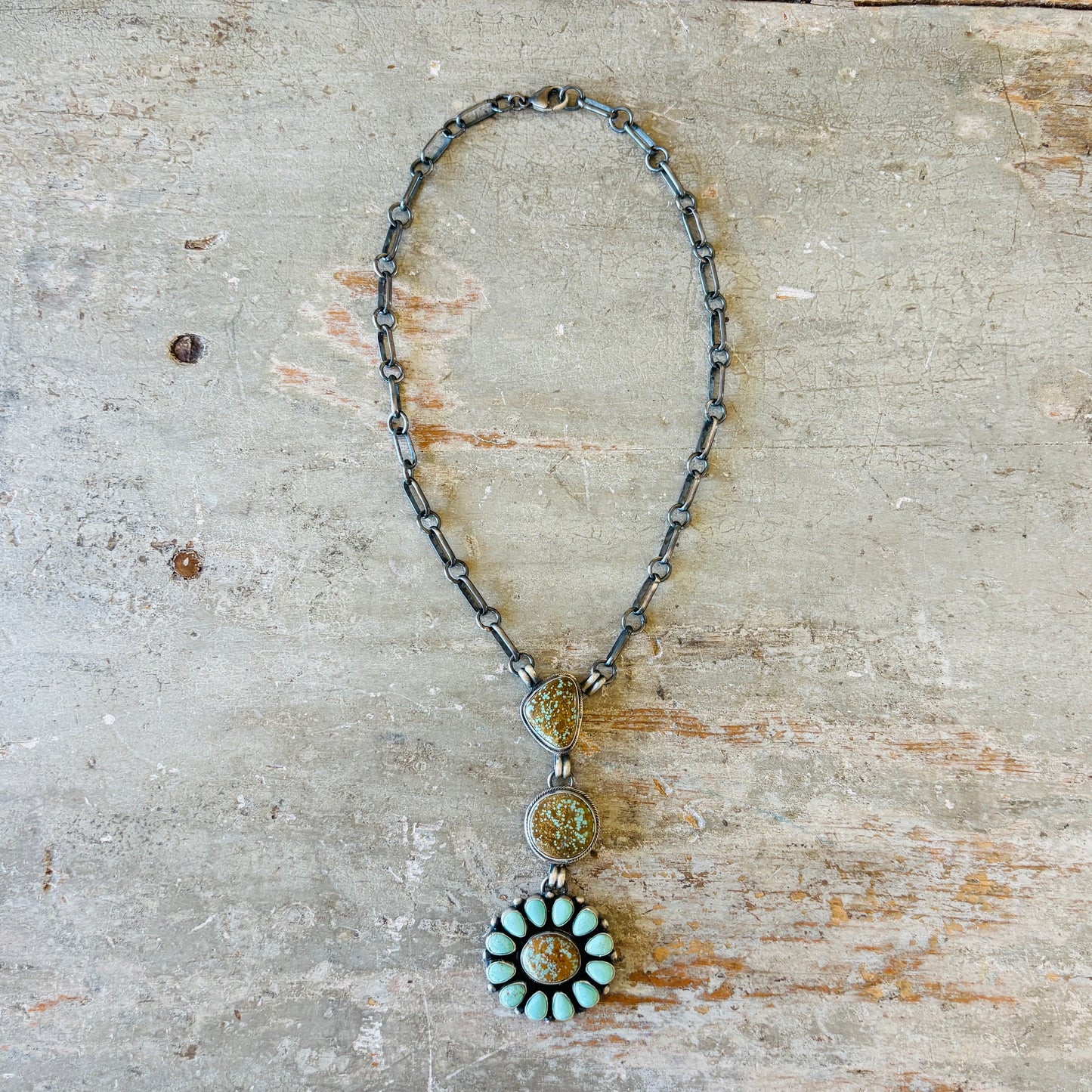 Navajo Betty Tom Sterling Silver & #8 Turquoise Cluster Lariat