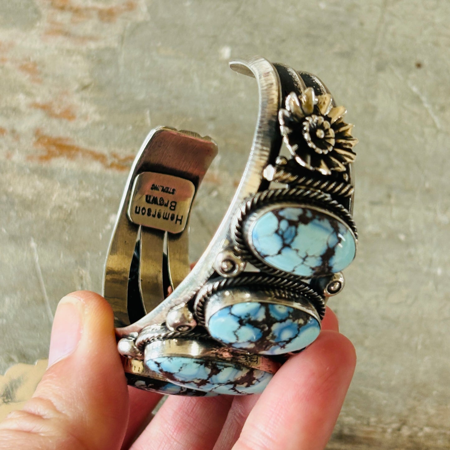 Navajo Hemerson Brown Sterling Silver & Golden Hills Turquoise 5 Stone Stacker Cuff
