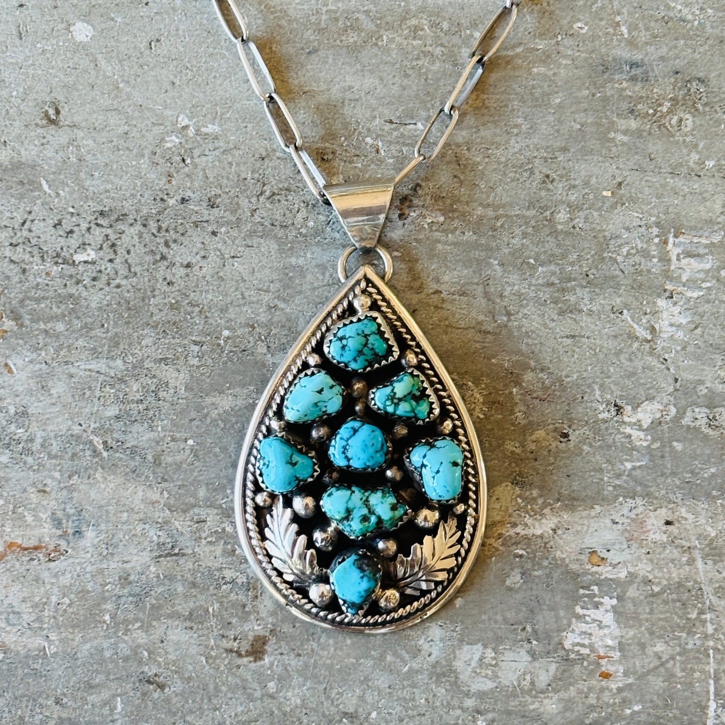 Navajo Jimmie Yazzie Sterling Silver & Kingman Turquoise Pendant Necklace