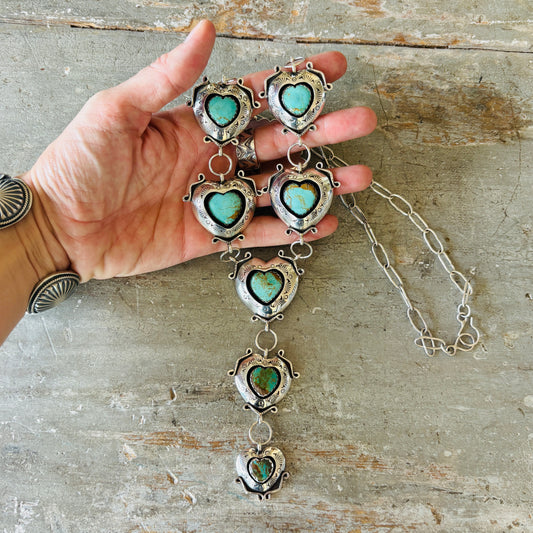 Navajo Lyanne Goodluck Sterling Silver & Kingman Turquoise Shadowbox Hearts Necklace