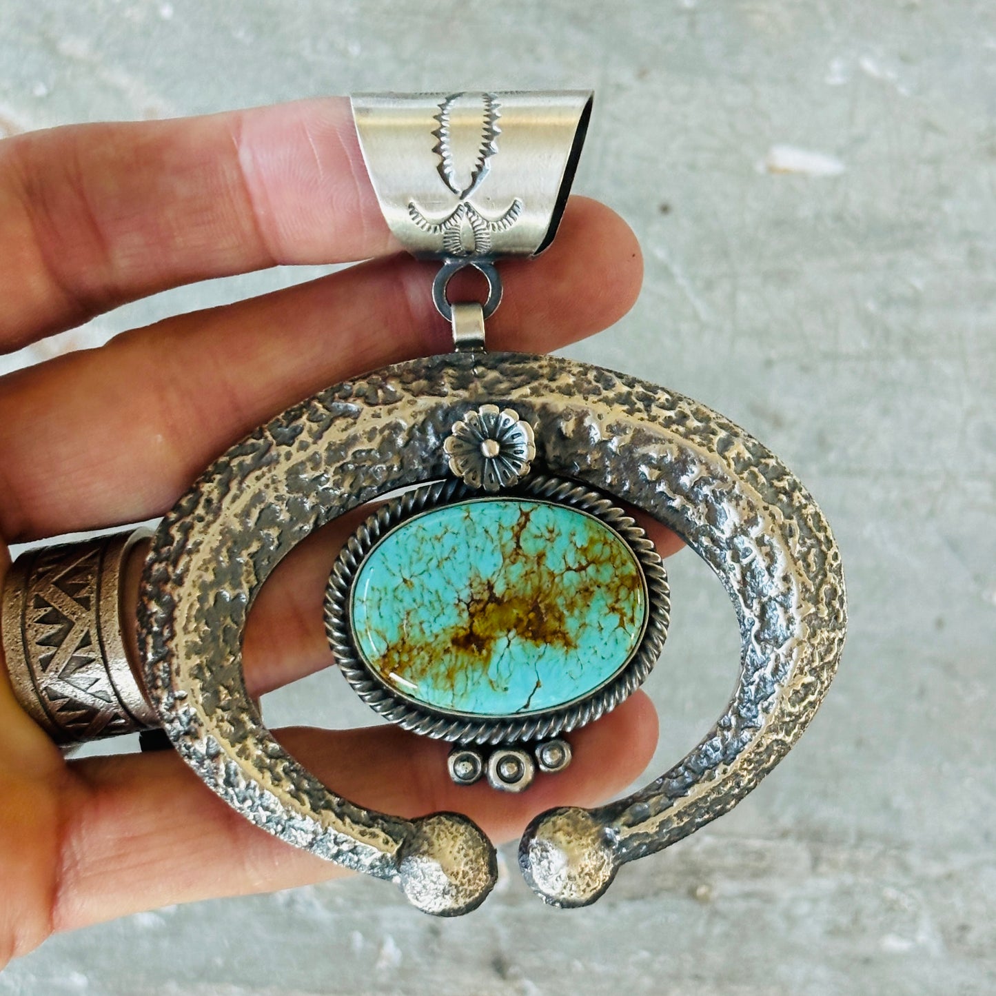 Navajo Hemerson Brown Sterling Silver & Turquoise Mountain Pendant