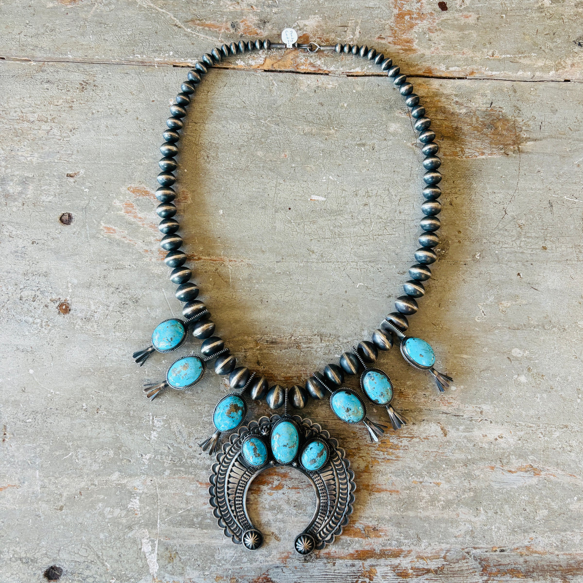 Navajo Andy Cadman Sterling Silver & Kingman Turquoise Statement Squash Blossom Necklace