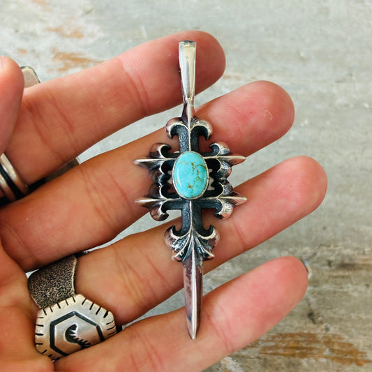 Navajo Floyd Parkhurst Sterling Silver & Carico Lake Turquoise Tufa Cast Pendant