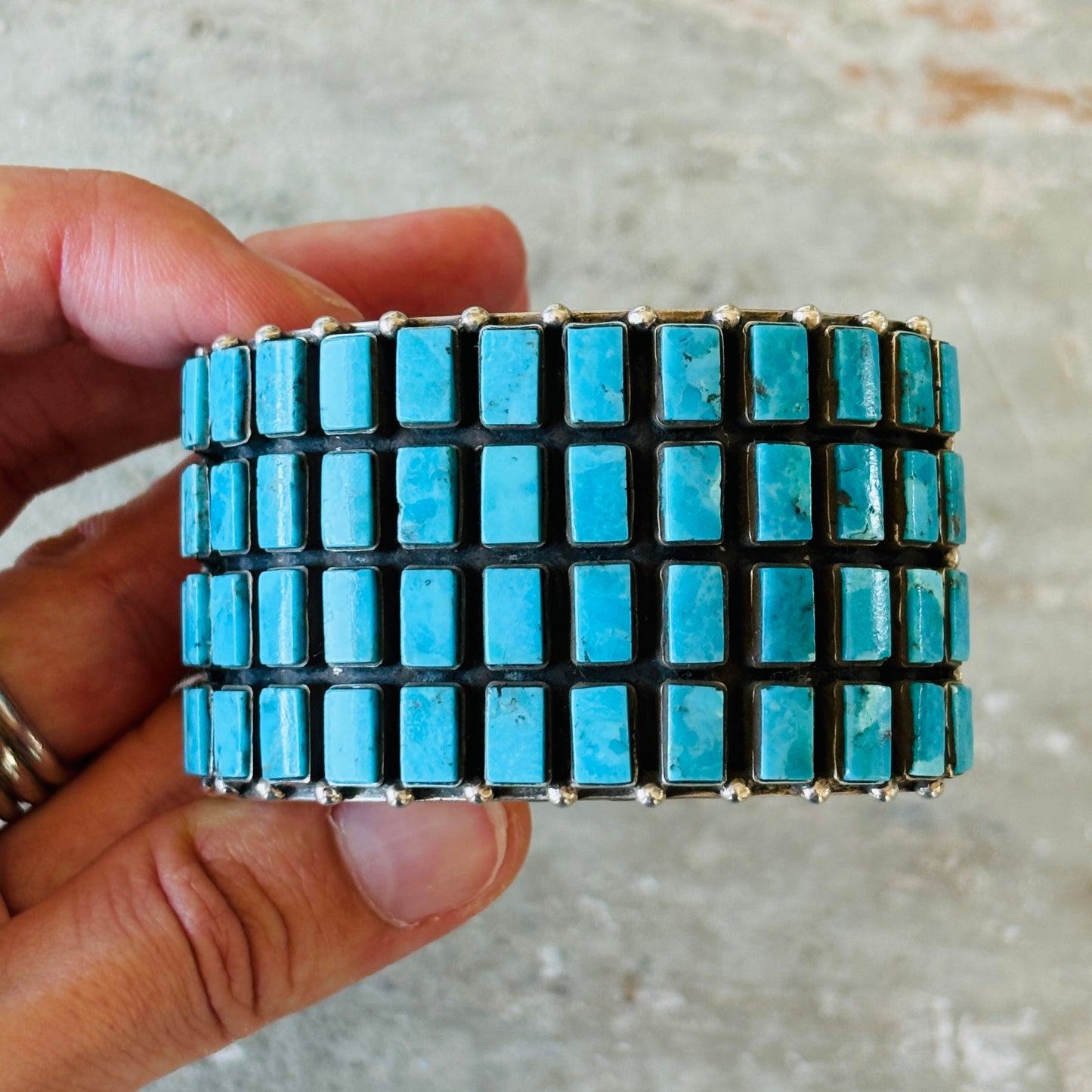 Navajo Violet Nez Sterling Silver & Kingman Turquoise Four Row Statement Cuff