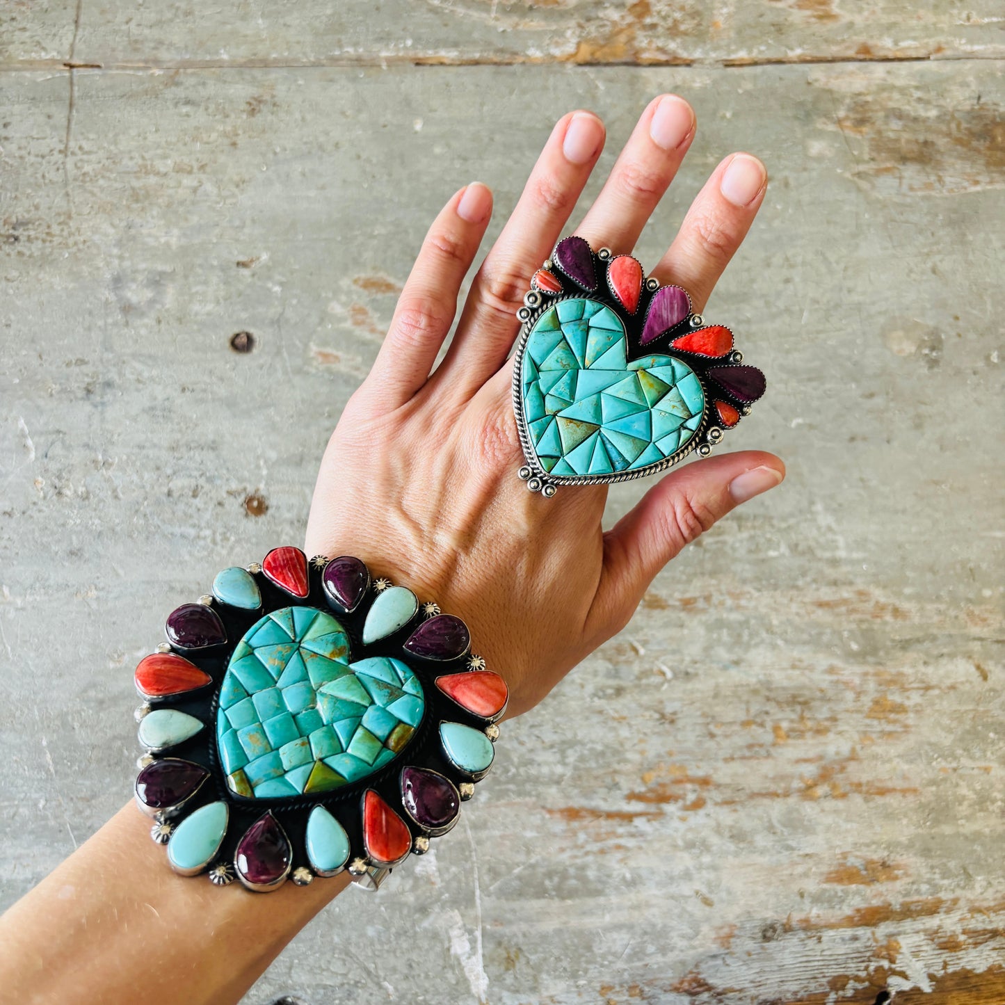 Navajo Hemerson Brown Sterling Silver - Orange - Purple Spiny & Kingman Turquoise Heart Cobblestone Ring