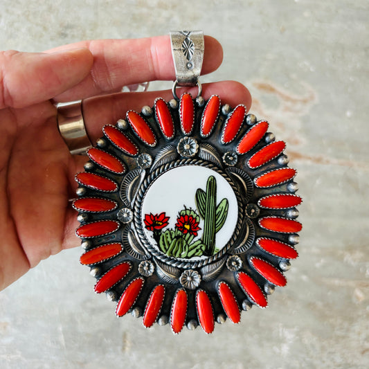 Navajo Kindale Billah Sterling Silver - Ceramic & Mediterranean Red Coral Cactus Pendant