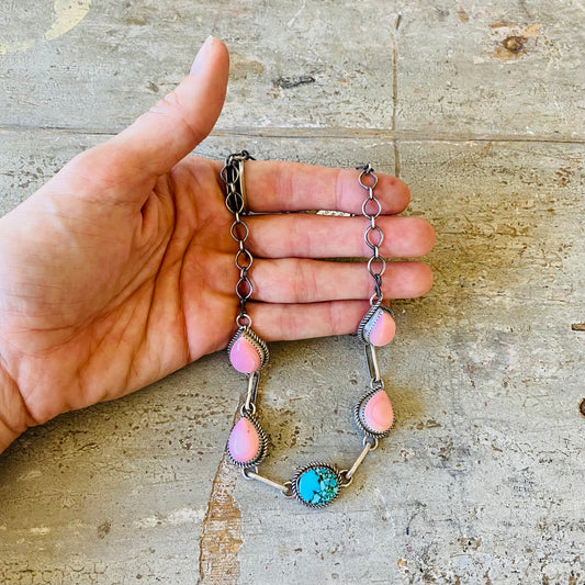 Navajo Tia Long Sterling Silver Pink Conch & Egyptian Turquoise Choker Necklace