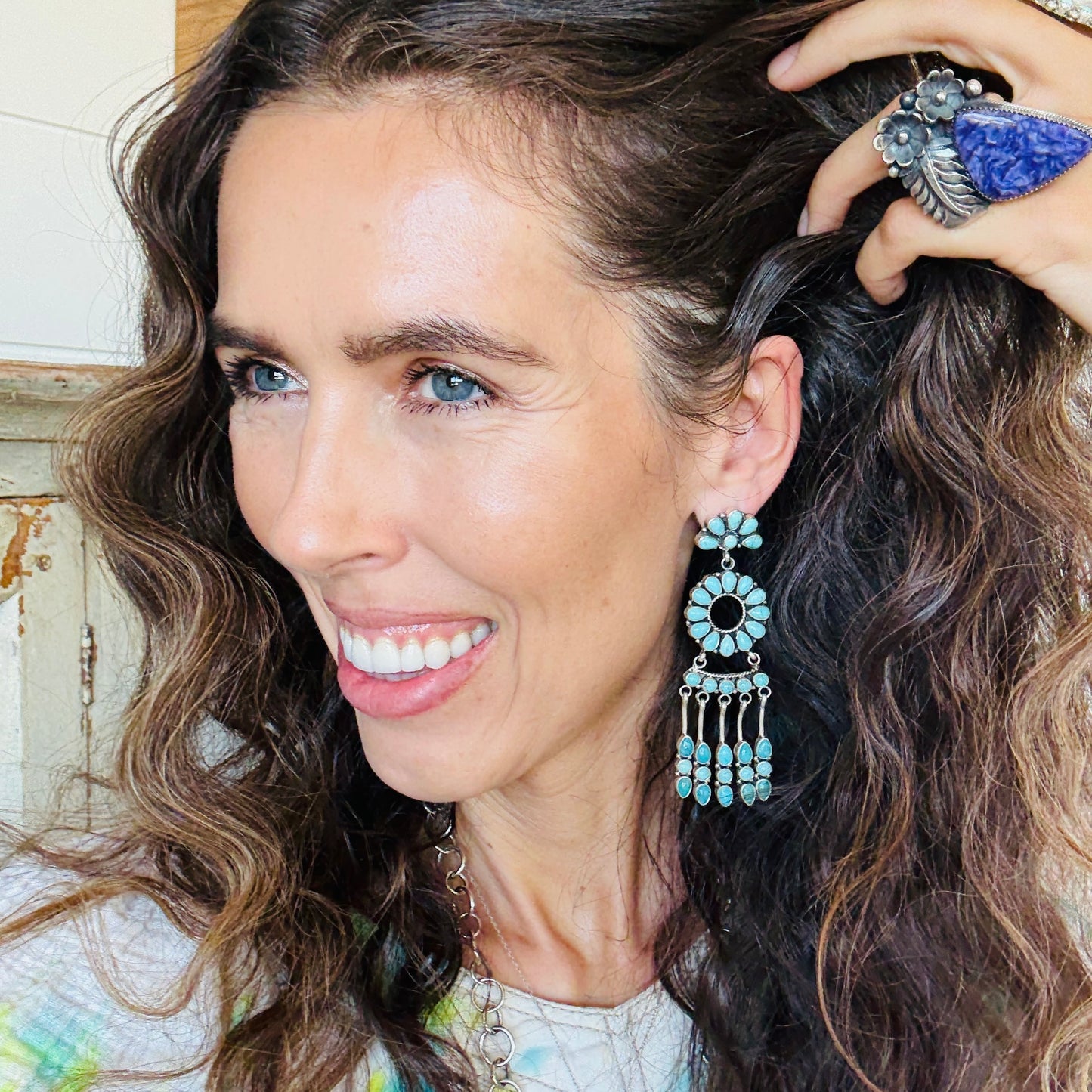 Navajo E Bahe Sterling Silver & Kingman Cluster Statement Earrings