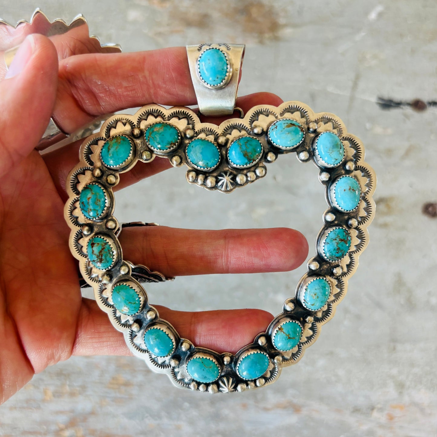 Navajo Randy Boyd Sterling Silver & Kingman Turquoise Cluster Heart Pendant