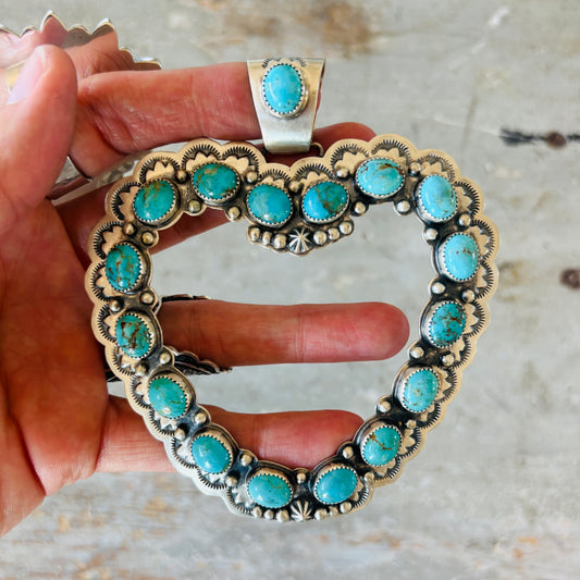Navajo Randy Boyd Sterling Silver & Kingman Turquoise Cluster Heart Pendant