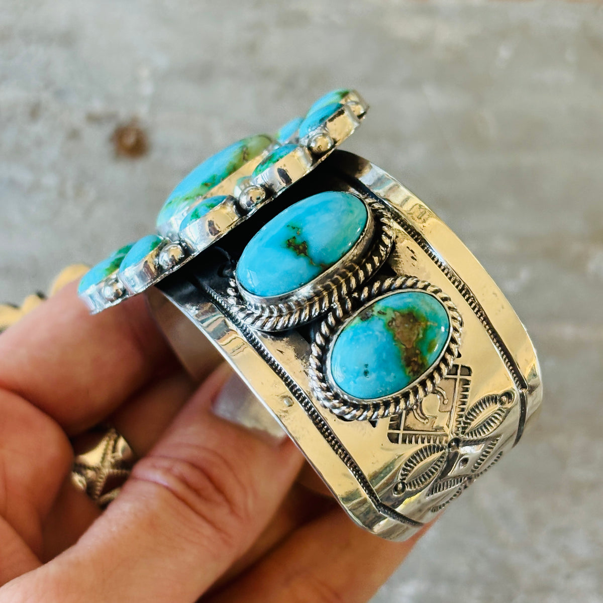 Navajo Hemerson Brown Sterling Silver & Sonoran Turquoise Cluster Statement Cuff
