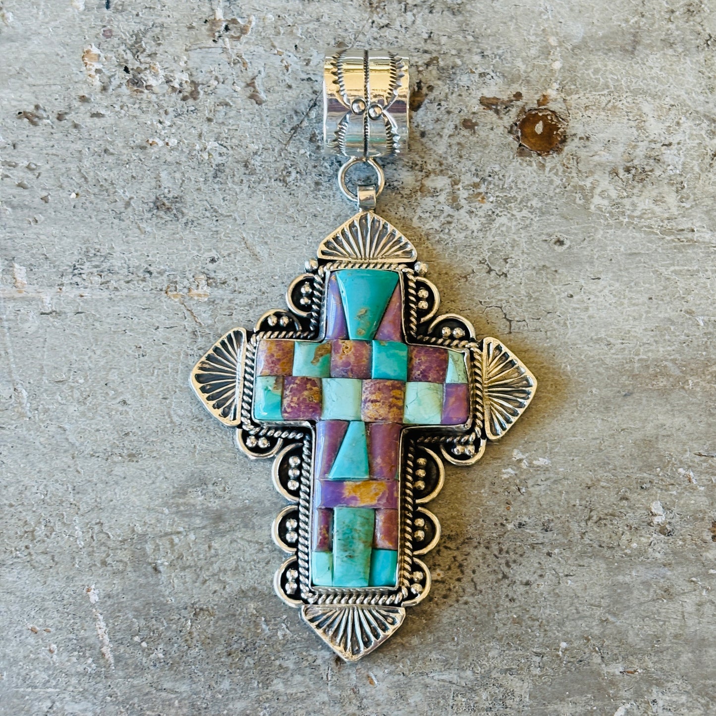 Navajo Hemerson Brown Sterling Silver - Phosphosiderite & Kingman Turquoise Cobblestone Cross