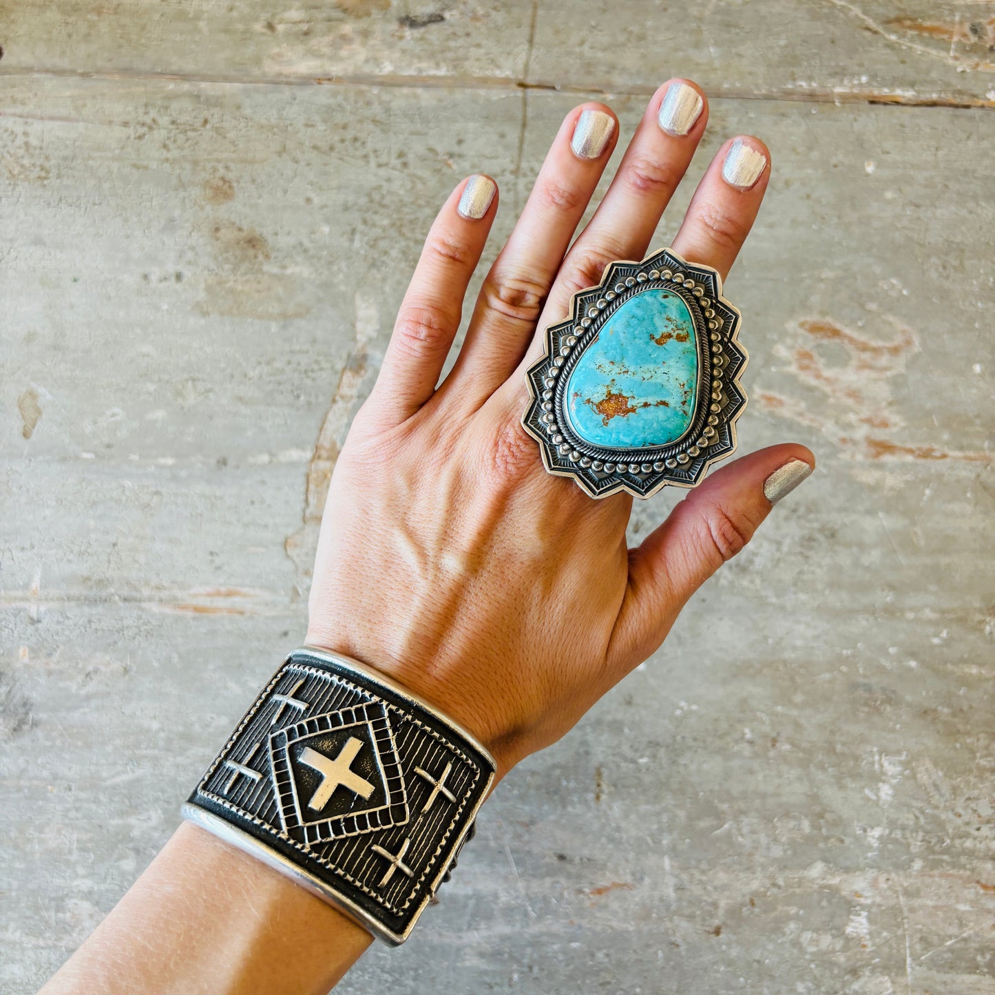Navajo Stanford Yazzie Sterling Silver Tufa Cast Crosses Chief Cuff