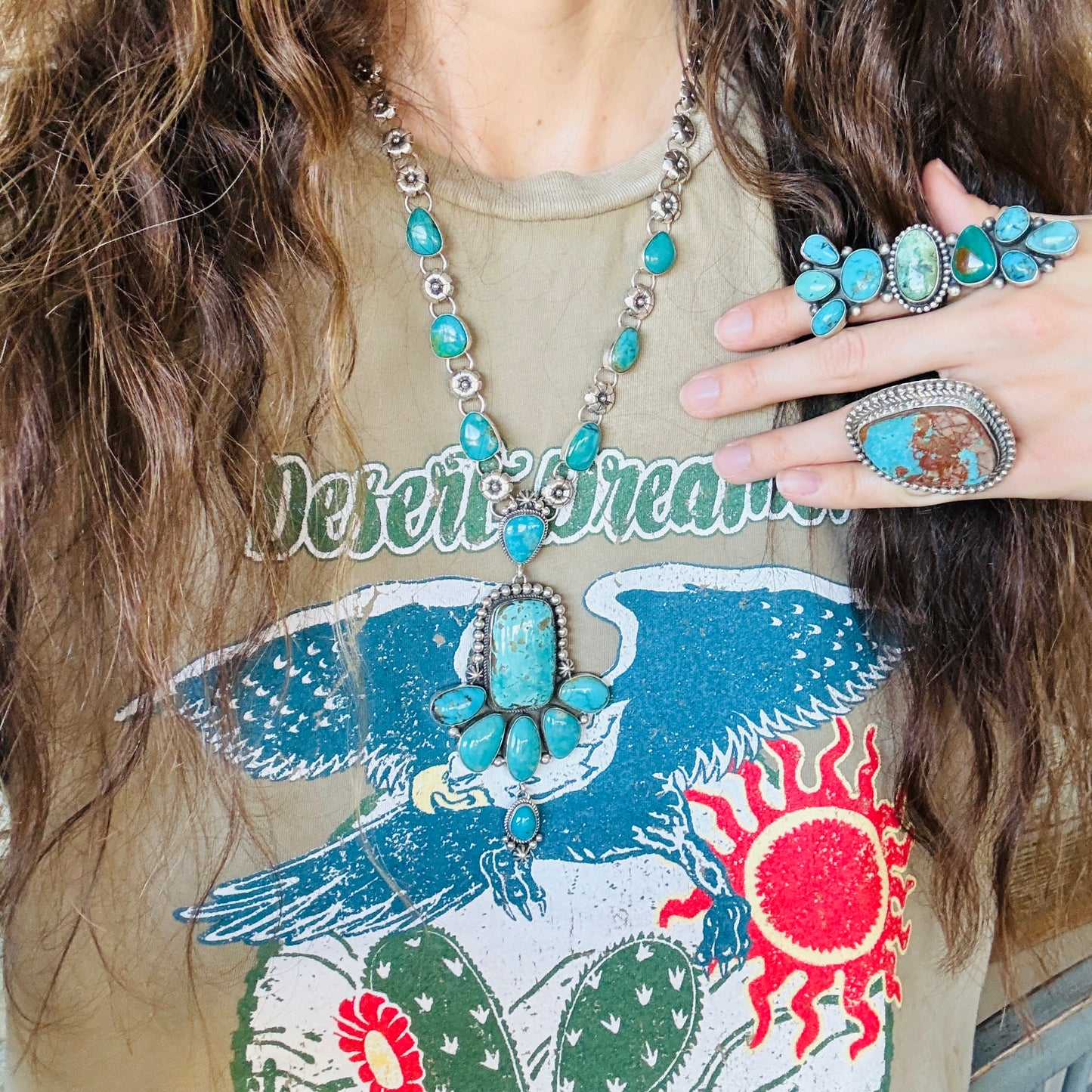 Navajo Albert Dawes Sterling Silver & Armenian Turquoise Statement Floral Necklace