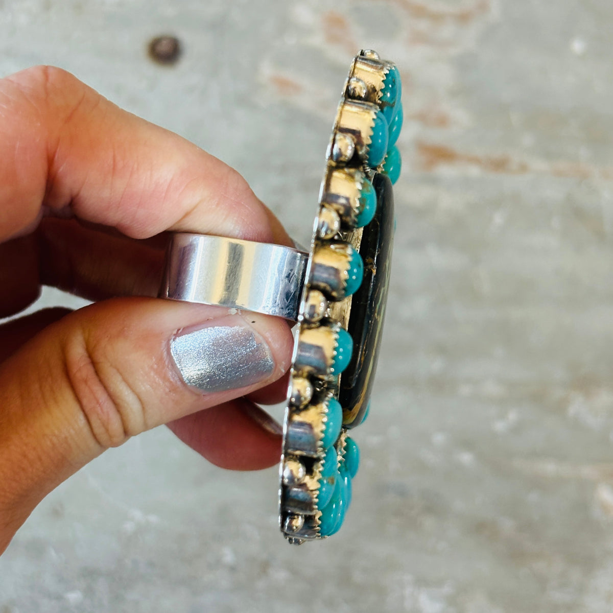 Navajo Hemerson Brown Sterling Silver & Blackjack - Kingman Turquoise Cluster Ring