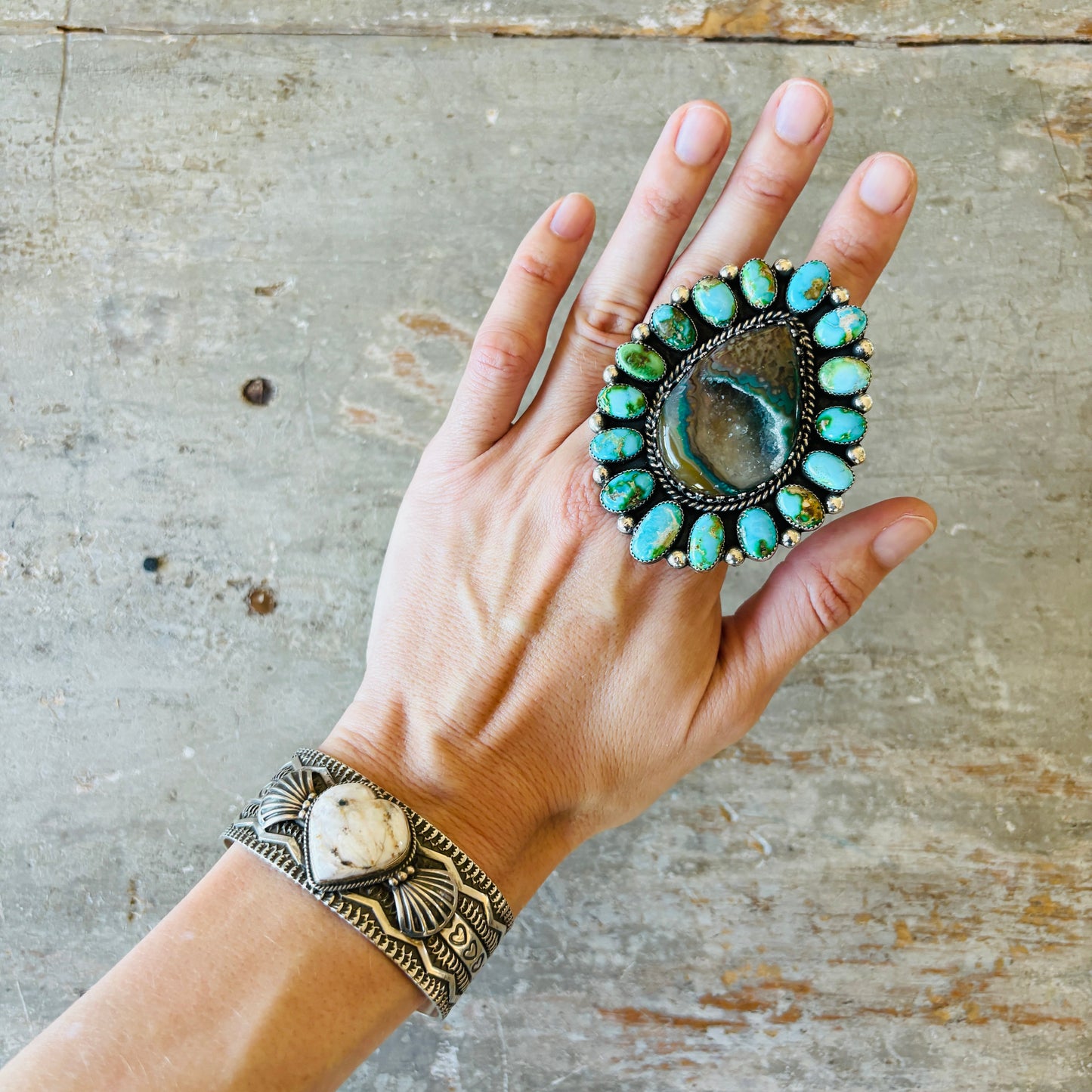 Navajo Darrell Cadman Sterling Silver & White Buffalo Hearts Stacker Cuff