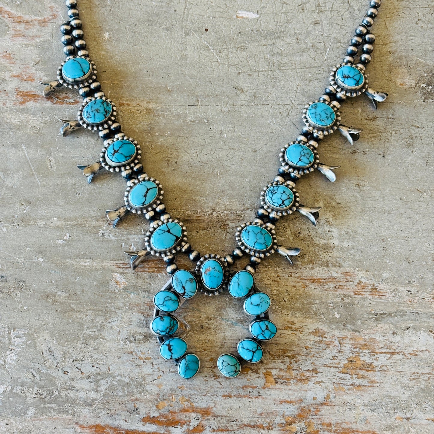 Navajo Lydia Begay Sterling Silver & Egyptian Turquoise Squash Blossom Necklace