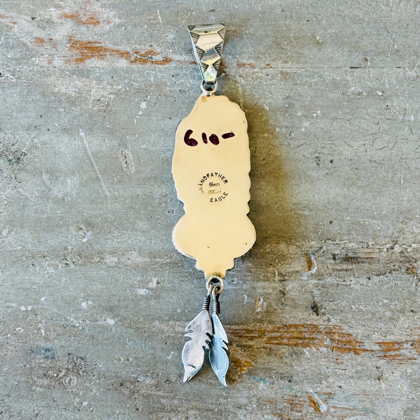 Navajo Edmund Piasso Sterling Silver & White Buffalo Chief Feathers Pendant