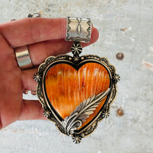 Navajo Edmund Piasso Sterling Silver & Orange Spiny Heart Pendant