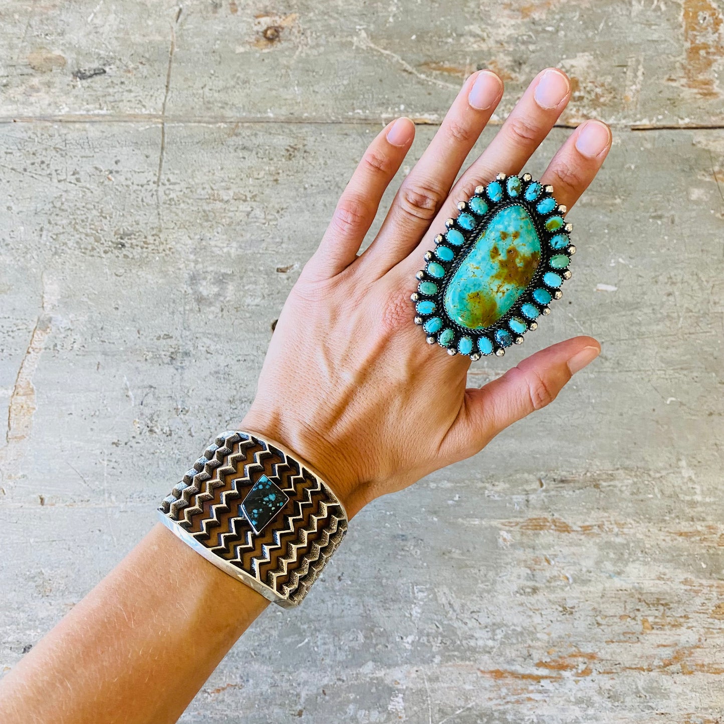 Navajo Aaron Anderson Sterling Silver & Indian Mountain Turquoise Cast Lightning Bolts Cuff