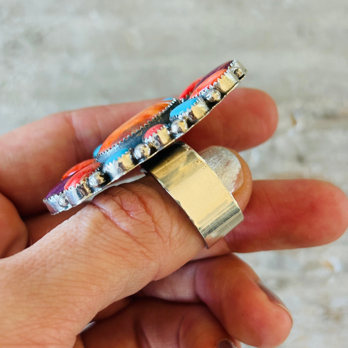 Navajo Hemerson Brown Sterling Silver - Multi Stone Cluster Statement Ring