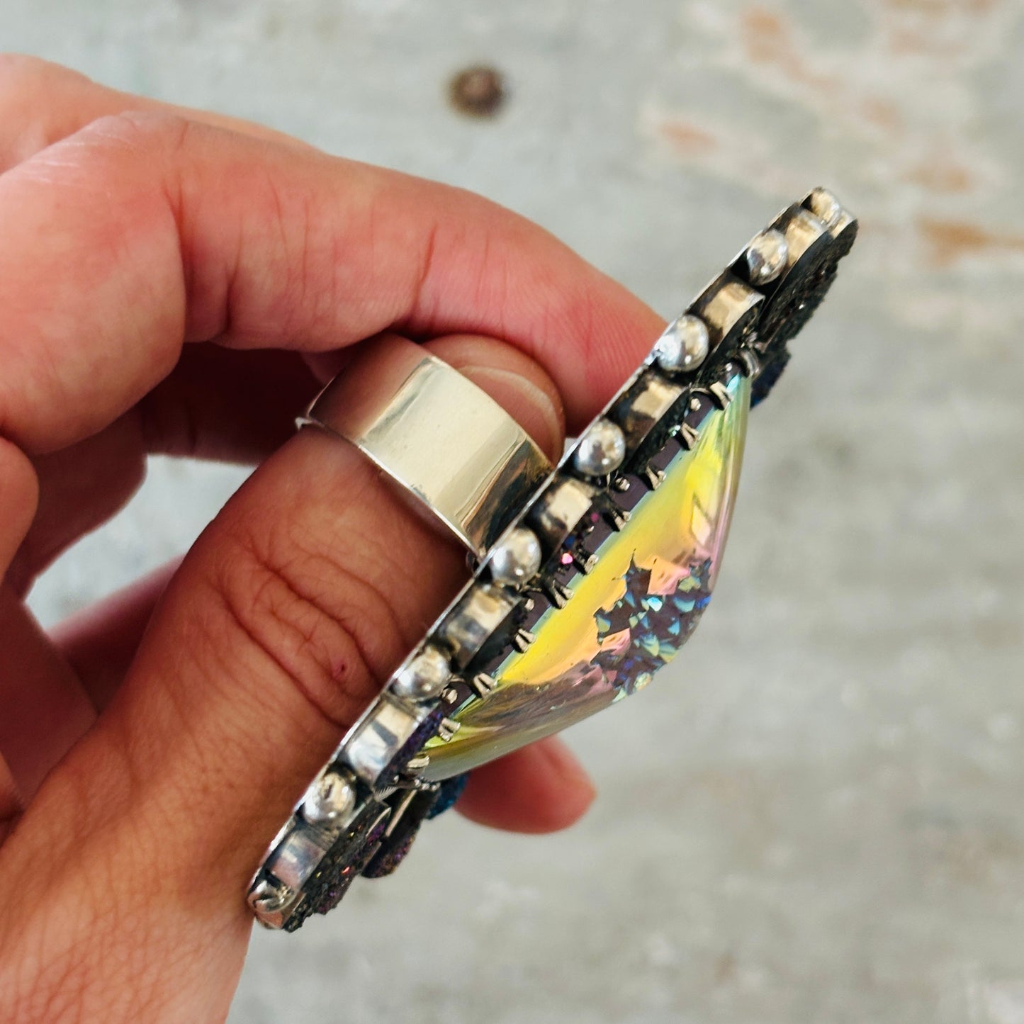 Navajo Hemerson Brown Sterling Silver & Druzy Statement Ring