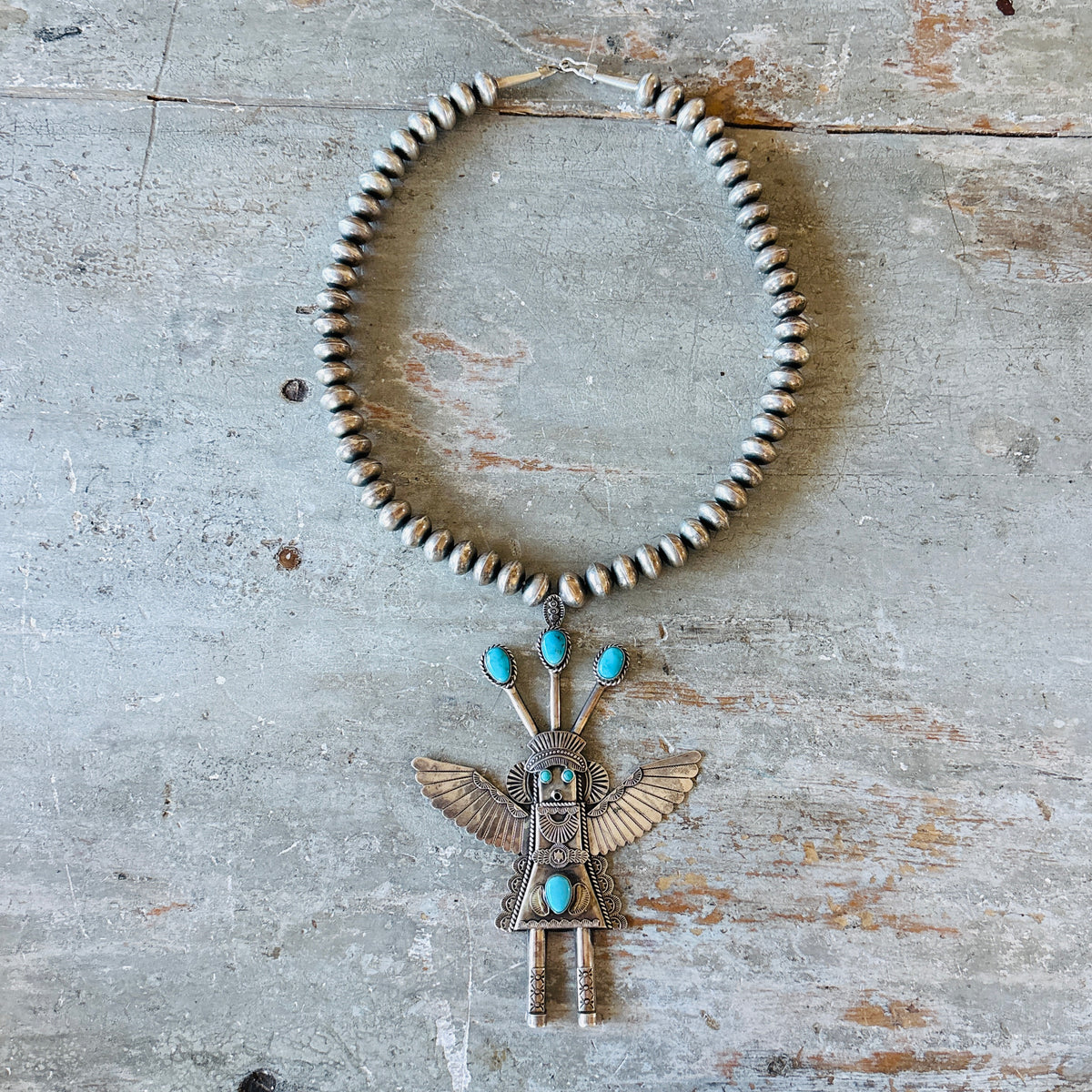 Vintage Navajo Garret Hale Sterling Silver & Kingman Turquoise Handmade Pearls Kachina Necklace