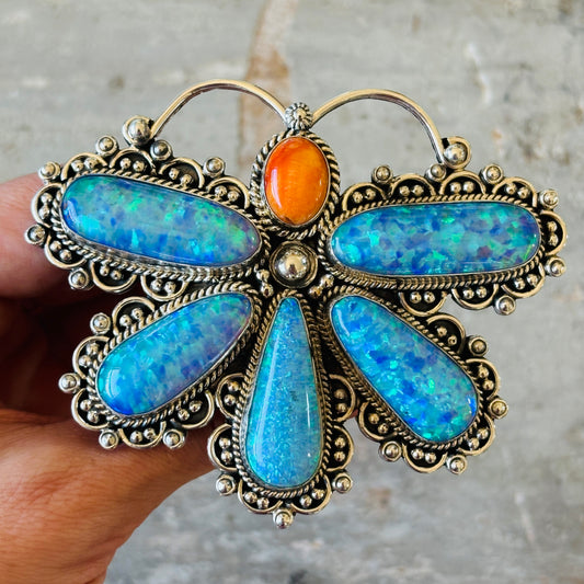 Navajo Hemerson Brown Sterling Silver - Blue Lab Opal & Orange Spiny Dragonfly Ring