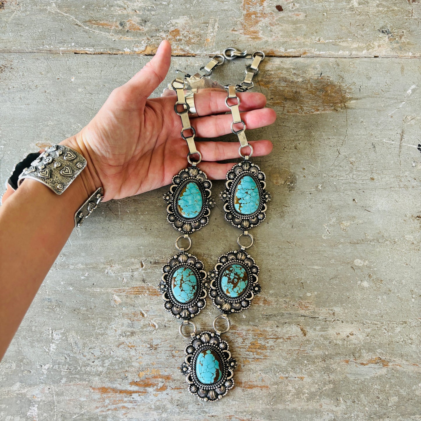 Navajo Braxton Parkett Sterling Silver & #8 Turquoise Statement Necklace