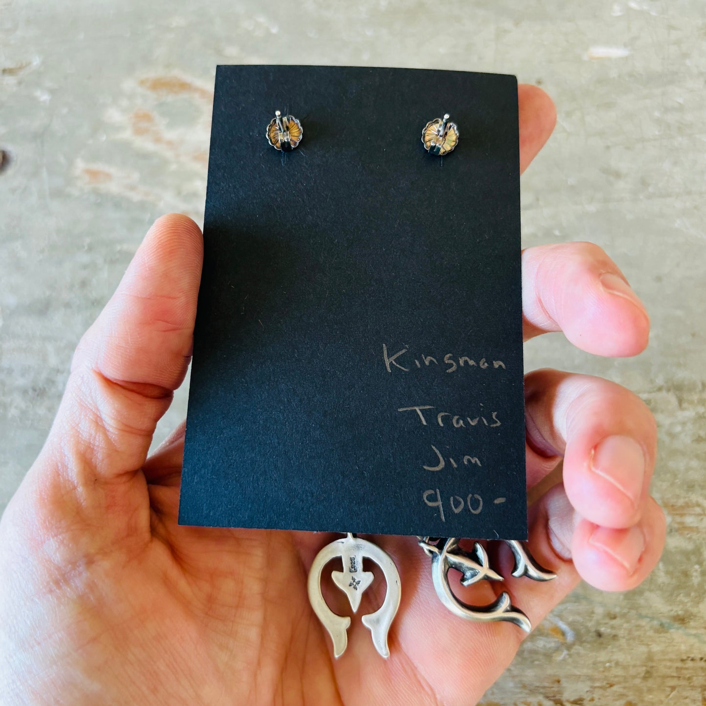 Navajo Travis Jim Sterling Silver & Kingman Turquoise Cluster Naja Earrings