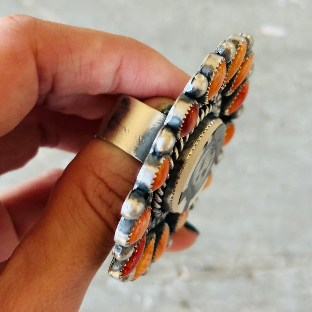 Navajo Kindale Billah Sterling Silver - Ceramic & Orange Spiny Oyster Cluster Pumpkin Ring