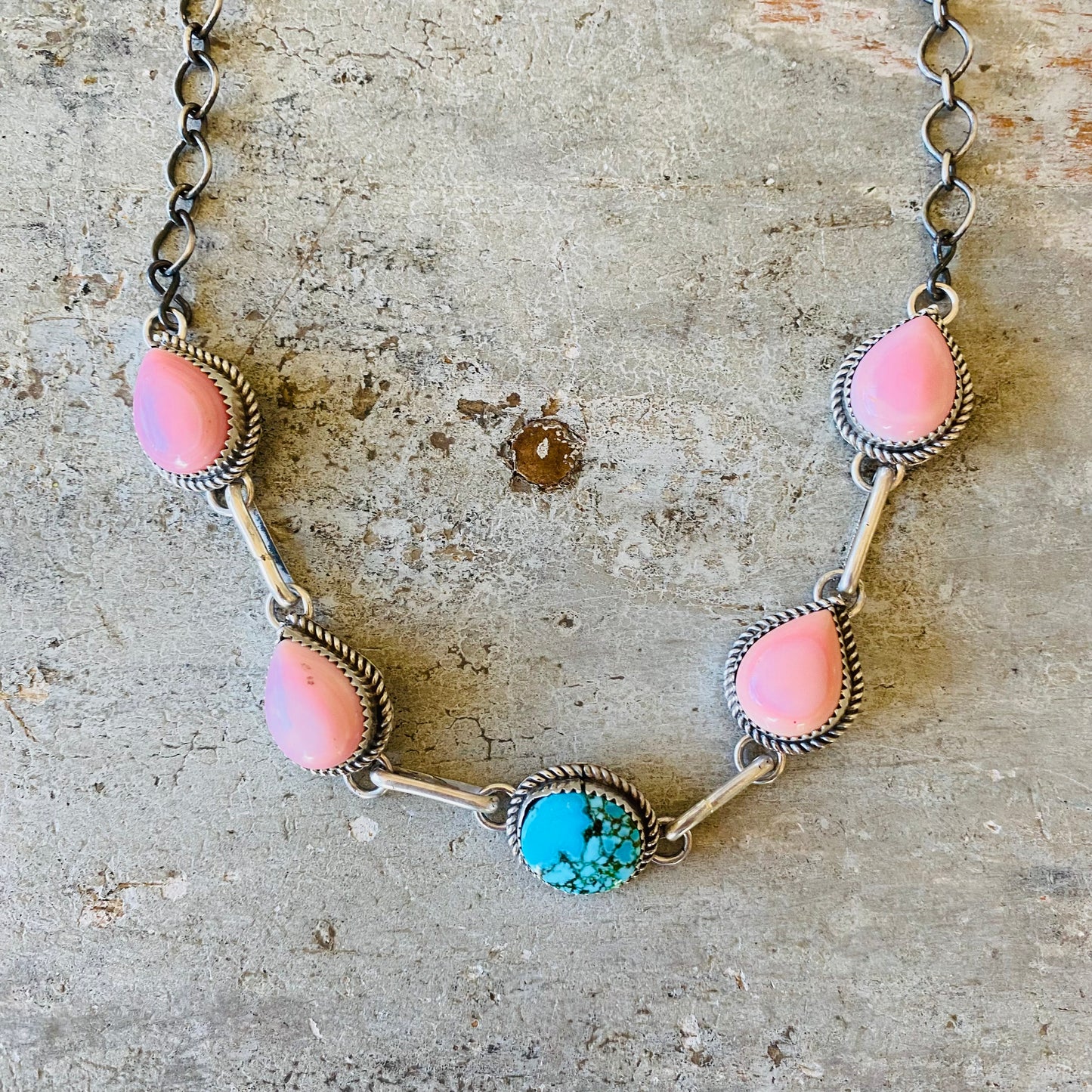 Navajo Tia Long Sterling Silver Pink Conch & Egyptian Turquoise Choker Necklace