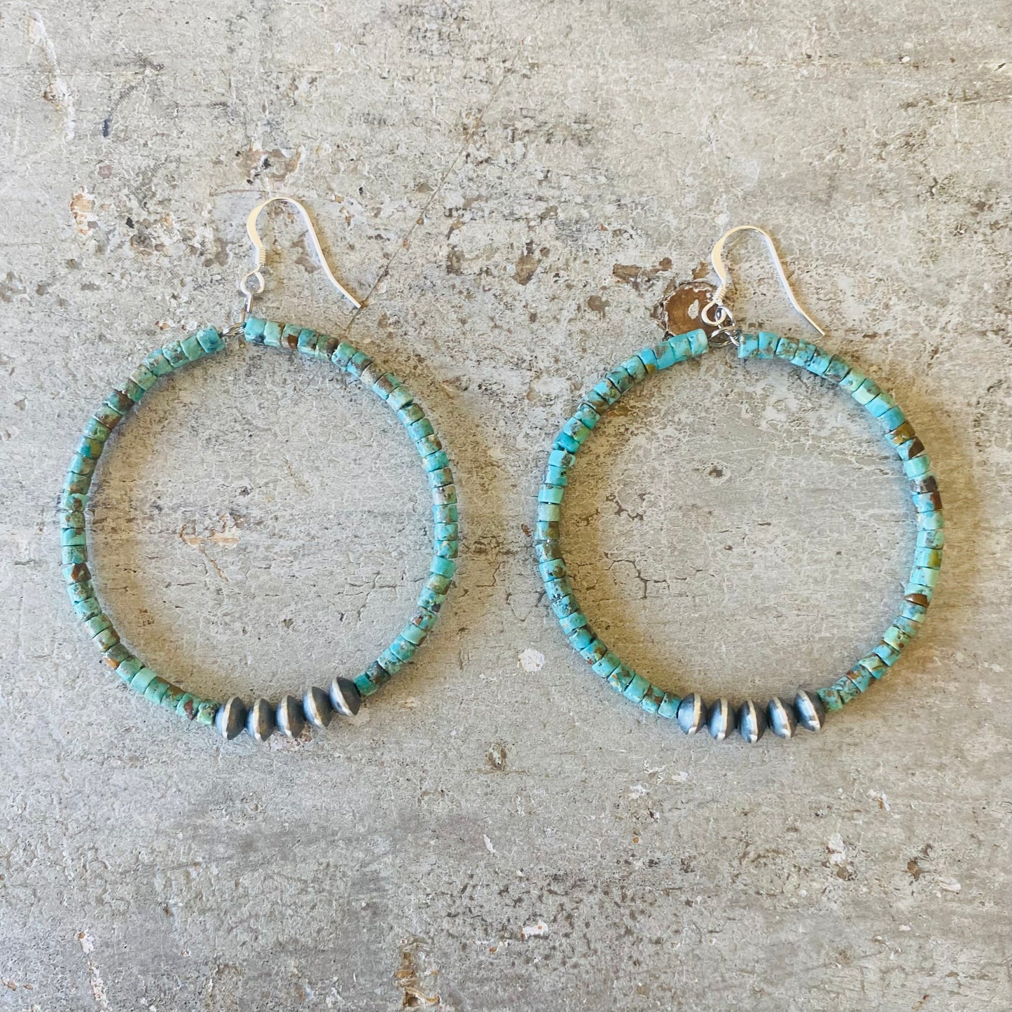 Native Strung Turquoise Heishi Beads & Sterling Silver Machine Made Pearls Earrings