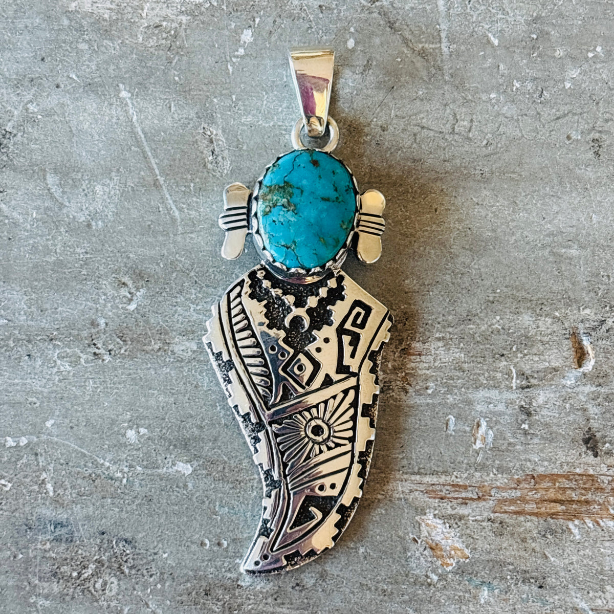 Navajo Sam Gray Sterling Silver & Kingman Turquoise Maiden Overlay Pendant