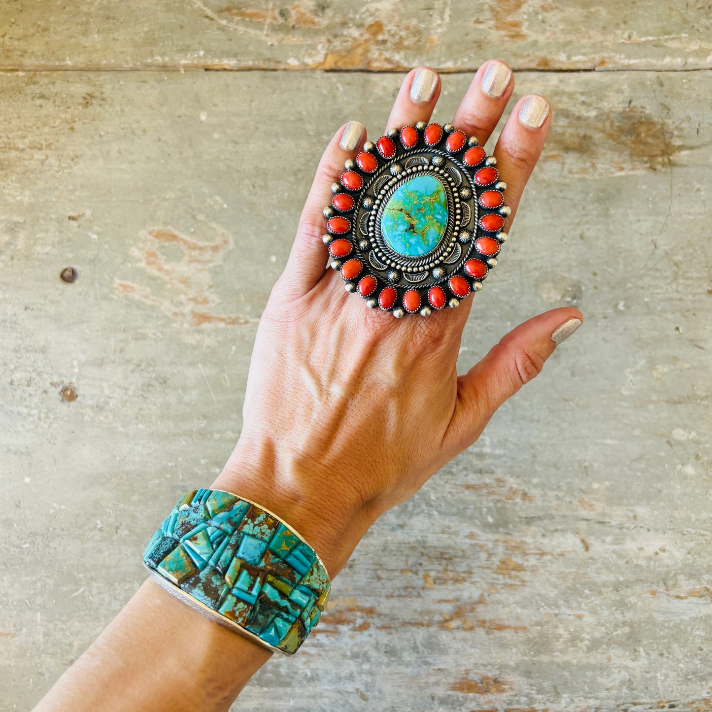 Navajo Lester James Sterling Silver & Mixed Turquoise Cobblestone Statement Cuff